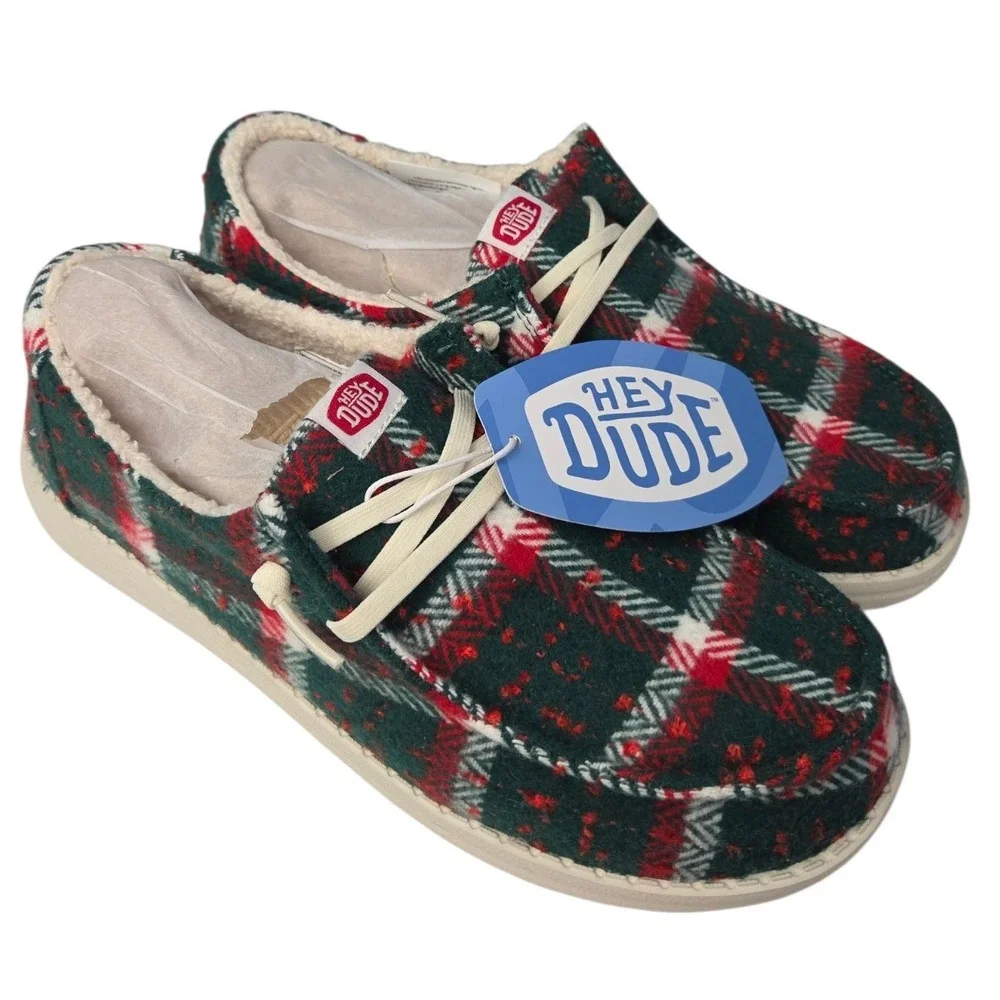 Hey Dude Wendy Plaid Loafers Womens 9 Red Green Cozy Christmas Slip On Shoes New